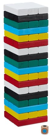 Relaxdays Juego Torre de Madera para Apilar, 54 Bloques, Incl. Dado, Diseño de 6 Colores, 26, 5 x 7,5cm, Multicolor