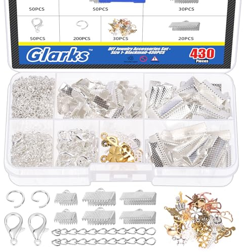 GLARKS Kit di 430 braccialetti in nastro argentato, segnalibro, estremità a crimpare, chiusure a moschettone con anelli aperti ed estensori per catena, per fai da te, segnalibri, bracciali, collane