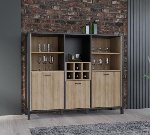 Forte HIGH Rock Bücherregal 140, Regal mit 3 Türen, Standregal, Wohnzimmerregal, Büroregal, Holzwerkstoff, Schwarz/Riviera Eiche Holzdekor, 139,4 cm breit x 117,1 cm hoch x 40,2 cm tief