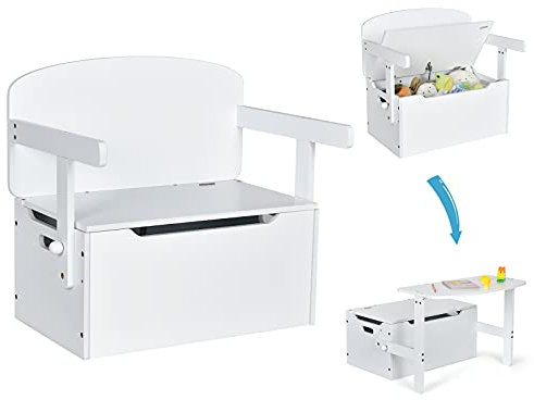 COSTWAY 3 in 1 Kindertisch mit Sitzbank, Kindersitzgruppe aus Holz mit Stauraum & Decke, Spielzeugkiste Aktivitätstisch für Kinder von 3 bis 7 Jahren, 60 x 34 x 57cm (Weiß)
