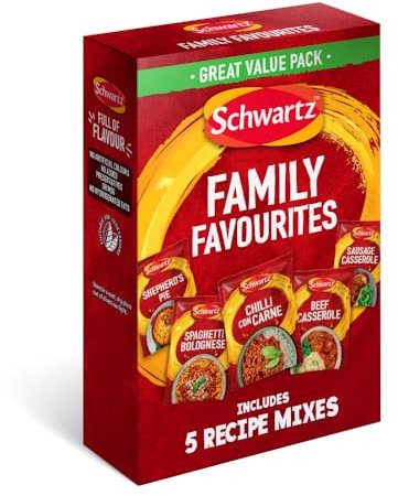 Schwartz Family Favourites Bundle One Pack Serves 4 Pack of 5 Recipe Mixes Shepherd's Pie Spaghetti Bolognese Chilli Con Carne Beef Casserole Sausage Casserole Suitable for Vegetarians