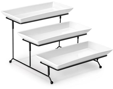 MALACASA 3-stufiges Servierplatten Porzellan Servierplatte mit zusammenklappbaren Sturdier Stand, für Party Entertaining Food Display Obst Dessert Cupcakes, Weiß 30.5x15.3cm