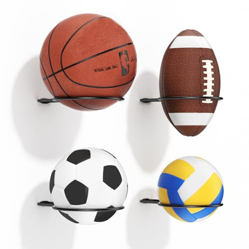 jockcaras Soporte de baloncesto Montaje en pared: estante de almacenamiento de 4 piezas para exhibición, montaje en pared para baloncesto, fútbol, voleibol, rugbyball, soporte de pelota como