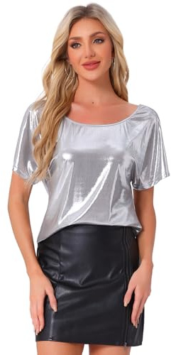 Allegra K Hauts Métalliques Femmes Épaules Dénudées Chemisier Brillant Manches Courtes Blouse Scintillante pour Fête Clubwear Argent S