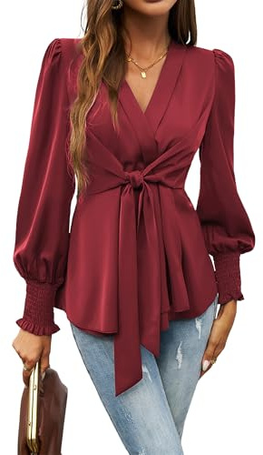 Canli4Y Blusa para mujer, cuello en V, túnica, manga larga, lazo, elegante, para el tiempo libre, oficina, blusa monocolor, blusas informales, borgoña, M