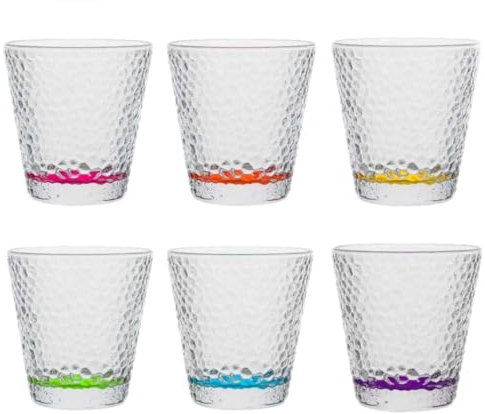 TRESV Set de 6 Vasos de cristal agua de Colores, Vasos de Cristal de 310ml Multicolor y Transparentes (310ml Color fondo)