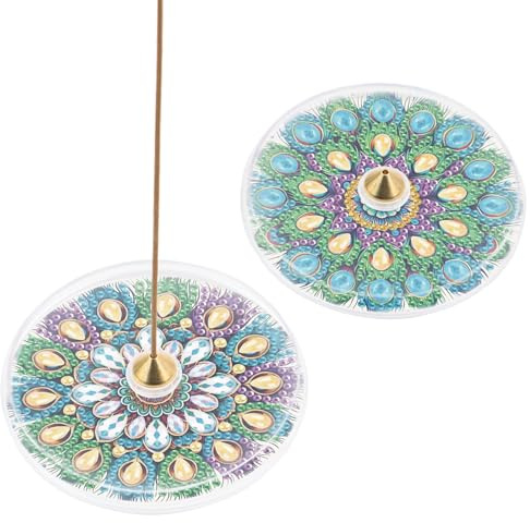 DCIDBEI Lot de 2 Painting diamant Adulte Porte-encens Paon Brûleur d'encens pour Bougie Chauffe Plat ou Charbon Support Encensoir Bâtons d'encens Support Palo Santo, cônes d'encens Mandala