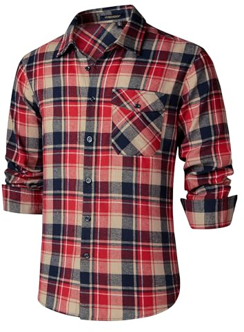 HISDERN Lumberjack Shirt for Men Casual Cotton Checked Flannel Shirts Long Sleeve with Pocket Regular Fit Red 4XL