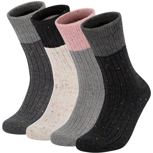 Beaulov 4 Pares de Calcetines de Lana Merino para Mujer, Diseño Único Suaves Cálidos, Calcetines Cómodos y Casuales para Mujer, Lana Femeninos Adorables Regalo