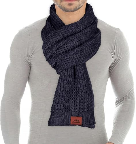 Loowoko Schal Herren Damen winter, Klassische waffel strickschal, Langschal mit Echt-Leder Veredelung, Geschenk für Mann und Vater