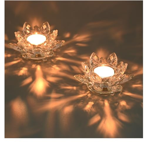YoHyien Crystal Tea Light Holder, Lotus Flower Candle Holder, Crystal Votive Candle Holder, Clear Glass Tealight Holder for Christmas Decoration, Wedding, and Home Party (2)