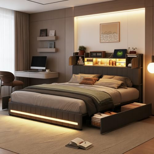 Letto 160 x 200 con Sommier LED, Struttura Letto Matrimoniale con 4 Cassetti, Testiera Imbottita con Spazio di Archiviazione, Letti a 2 Posti con Doghe in Legno per Adulti e Adolescenti (Grigio Lino