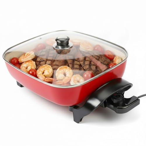 I-Keukenn 15'' Ceramic Nonstick Electric Skillet with Tempered Vented Glass Lid,Removable Easy-to-Clean,Thermostat Control to Prevent Overheating, Red