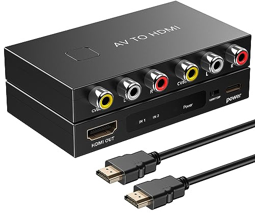 Uzifhdhi 2 Port RCA to HDMI Converter, AV to HDMI Converter, Composite to HDMI Adapter Supports PAL/NTSC for PS2/VHS/VCR/Blue-Ray DVD ect with HDMI Cable