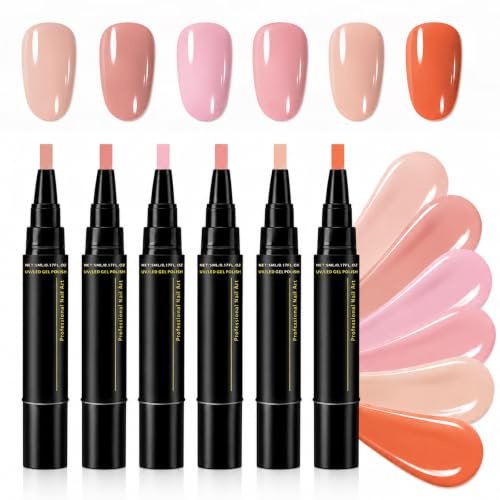 6 färger nagellackspennor, gelset, UV LED gel nagellack, pennor, snabbhärdande färglack med precisionsspetsar, långvarig, för nagelkonst fransk naglar gör-det-själv manikyr, gel nagelpolska pennor