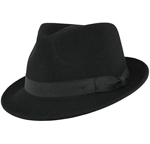 Maz Chapeau trilby élégant 100 % laine imperméable et écrasable, fait à la main avec bande gros-grain (noir, taille XL, 61 cm)