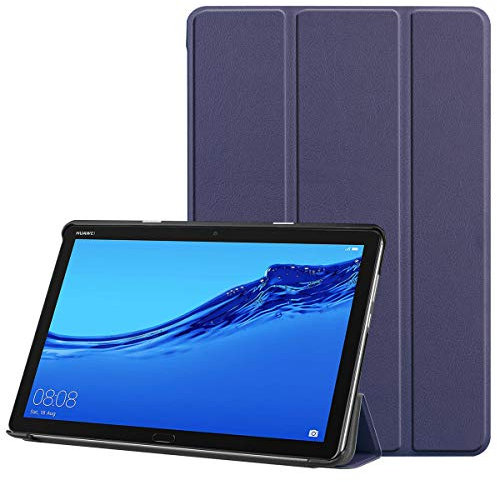 SATURCASE Huawei MediaPad M5 Lite 10.1 Funda, Cuero De La PU Flip Plegable Folio Apoyo Bumper Protector Funda Carcasa Case con Función Auto Sleep/Wake para Huawei MediaPad M5 Lite 10.1 (Azul Oscuro)