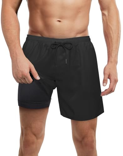 LUCOWEE Mens Swim Trunks with Compression Liner Anti Chafe no Mesh net Comfort Swimming Shorts Boxer Brief Lined 5.5 Black Medium