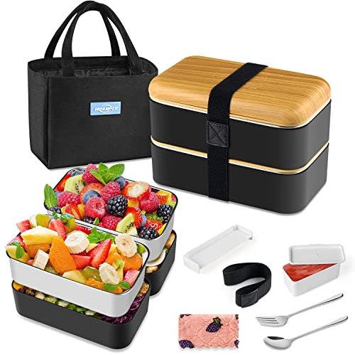 HOLIPOT Bento Box Schwarz, Lunchbox Brotdose mit Fächern 2 Ebenen mit 2 Stück Umweltfreundlichen PP & Edelstahlbehältern, mit Gabel-Löffel-Teilern Tragetasche,für Kinder und Erwachsene