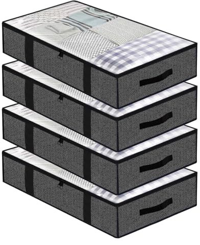 ASelected 90L Under Bed Storage 4pcs Foldable under bed storage PVC Window Clothes Storage Organiser Zips andHandles for Duvets, Clothes, Shoes, Beddings grey