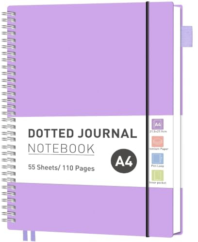 RETTACY A4 Spiral Notebook, Dotted Journal, 110 Pages, Lilac | Flexible Plastic Cover Notepad, 100 GSM Thick Bullet Paper, for Women Men Work Office School - 21.5 × 27.9 cm