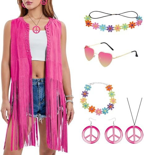 Matreeglam Hippie Costume Set for Women, 70s Fancy Dress Ladies, Pink Fringe Vest with Sunglasses Headband, Hippie Disco Costume Accessories for Halloween Carnival Party