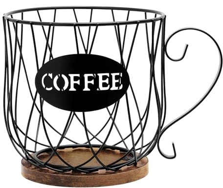 BCOZLUX Rustic Metal K-Cup Coffee Pod Holder Mug - Large Wire Basket with Wooden Base for Countertop Coffee Storage - Farmhouse Decor for Home & Office (Rustic Brown-Round)