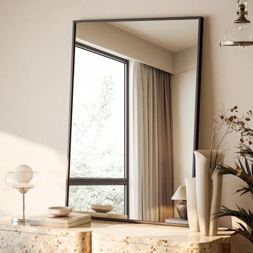 BEAUTYPEAK 71x51cm Rechteckiger Wandspiegel, Badezimmerspiegel mit schwarzem Aluminiumrahmen, Bruchsicherer Wandspiegel für Bad, Schlafzimmer, Wohnzimmer, Rectangular Bathroom Mirror