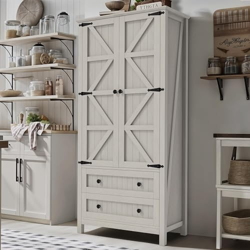 YITAHOME Farmhouse Kitchen Pantry Cabinet, 64.5 Tall Storage Cabinet with 2 Drawers & Adjustable Shelves, Ideal for Kitchen, Living Room, or Entryway, White