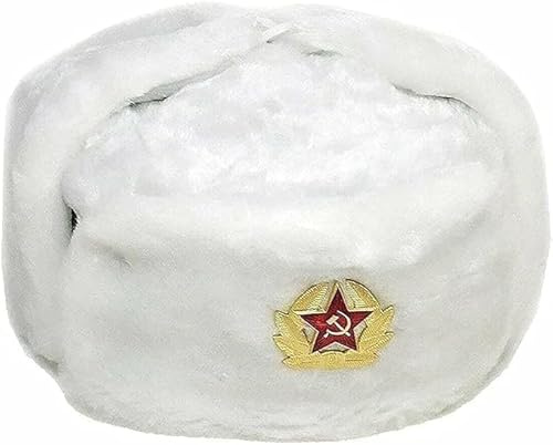 Cappello da Trapper Russo da Uomo Cappello Invernale Caldo con Distintivo Sovietico Unisex Pelliccia Sintetica Ushanka Cappello con Paraorecchie Stile Sovietico Unisex Cappello Invernale, bianco
