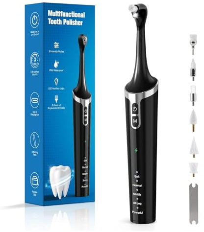 Lucidatore dentale, kit di sbiancamento dei denti ricaricabile, per la pulizia dei denti e lo sbiancamento, lucidatore elettrico dei denti con 6 testine della spazzola, 5 modalità di velocità, luce