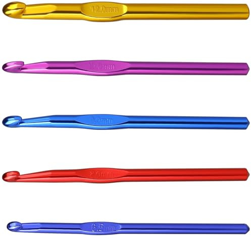 5 Pcs Crochet Hook Set 6.5m/8mm/9mm/10mm/12mm Large Size Ergonomic Handle Aluminum Knitting Needles Craft Weave Yarn Set Colorful Aluminum Crochet Hook