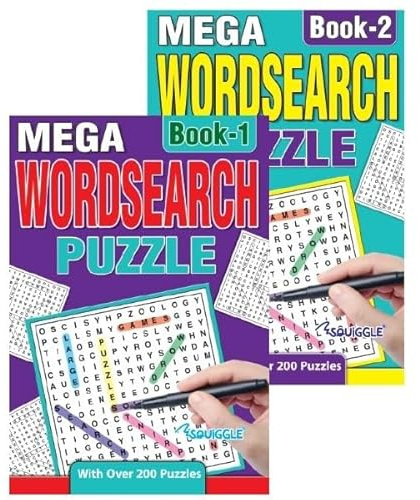 Sixstore A5 Mega Wordsearch Books Set of 2, Word Search Brain Teaser Travel Puzzle Book