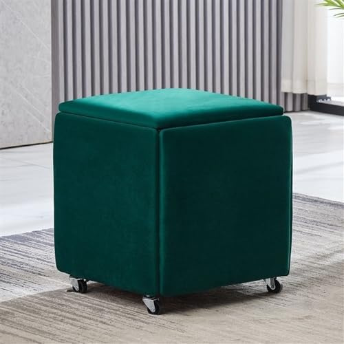 Plojkmnb Velvet 5 in 1 Seating Cube Stool, Nesting Ottoman Stool, Cube Stool with Wheels, Vanity Chair with Storage, Small Stool Foot Stool for Bedroom, Living Room(Green,Small)