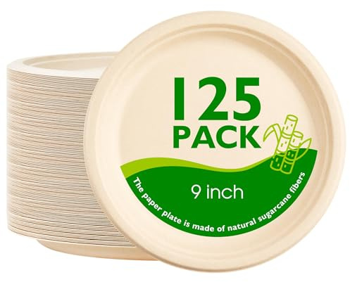 PACKINNO 9 Inch 125 Pack Compostable Paper Plates, Biodegradable Heavy Duty Disposable Plates, Round Unbleached Brown Plates Made from Natural Sugarcane Fibers, for Party, Camping, Picnic