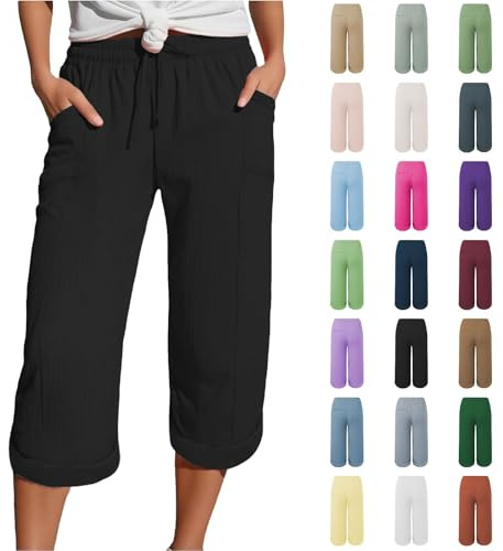 Pantalones de muselina para mujer, ligeros, 3/4, pantalones de verano con bolsillos, pantalones capri, pantalones de tres cuartos, elásticos, cómodos, deportivos, tiempo libre, playa, pantalones