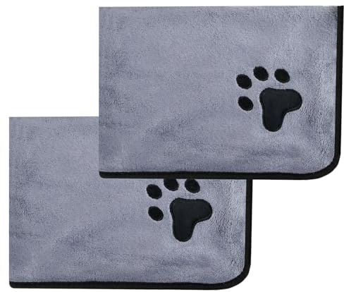 Aohyue 2 Pièces Serviette en Microfibre pour Chien, 100 x 50 cm, Serviette Chien Extra Absorbante, Serviete Chien avec Brodé Patte Impression, pour Pluie, Douche et Natation, Gris
