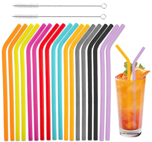 18 Pcs Silicone Straws Reusable with 2 Cleaning Brush, Colorful Bendable Drinking Straw, Soft Flexible Plastic Straws Alternative for Cocktails, Juices, Children, Adults
