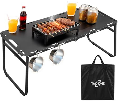 TAO ONE Tavolo da Campeggio Pieghevole, Tavolo da Campeggio Basso con Borsa, Compatto per Giardino, Viaggi e BBQ, Metallo Nero