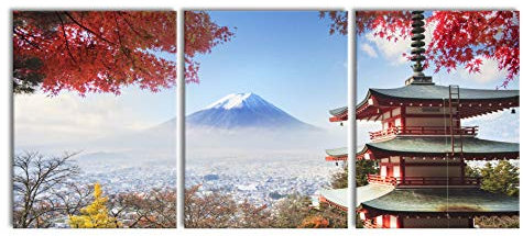 Pixxprint Japanischer Tempel im Herbst als XXL Leinwandbild in Übergröße 180x80cm Gesamtmaß 3 teilig, Wandbild, Kunstdruck