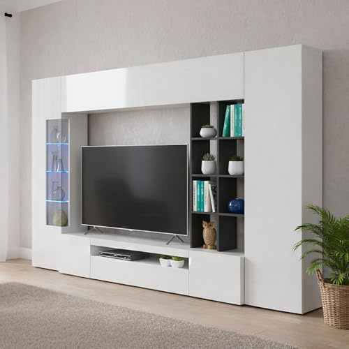 Dmora Parete Attrezzata Ocean 40x290x192h cm Bianco Lucido 20 Ripiani 24 Vani, 6 Ante Made in Italy