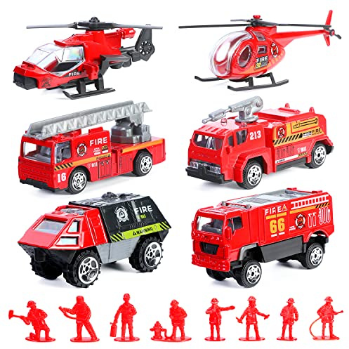 14 Pcs Fire Truck with Firefighter Toy Set, Mini Die-cast Fire Engine Car, Mini Rescue Emergency Vehicle Playset for Kid Boy Girl Birthday Christmas Party Favors