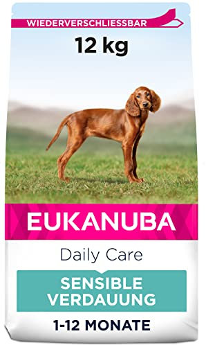Eukanuba Daily Care Sensitive Digestion Welpenfutter - Trockenfutter für Welpen mit sensibler Verdauung, Magenfreundlich mit leicht verdaulichem Reis, 12 kg