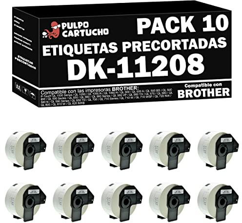 Pack de 10 Compatible Brother DK11208 - Etiquetas Genéricas Precortadas de Dirección Grandes - 38x90 mm - 400 Unidades - Texto negro sobre fondo blanco. Etiquetas DK-11208 de papel térmico blanco.