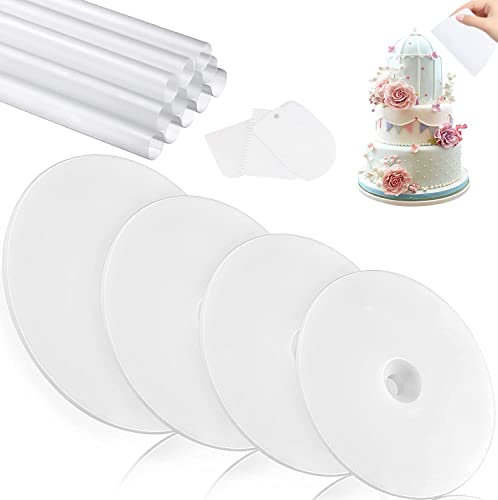 Tortenständer Tortenstützen für Mehrstöckige Torten Zubehör Kunststoff Kuchenstützen 4Stk Kuchenbasis Wiederverwendbar (9/12/16/20 cm) mit 12Stk Dübelstangen verdickt