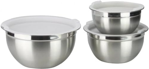 Nobel Mixing Bowl Set of 3, Stainless Steel Nesting Bowls Heavy Duty & Dishwasher Safe, Space-Saving Storage Metal Bowl, Air Tight White lids (18, 22 & 26 cm Diameter)