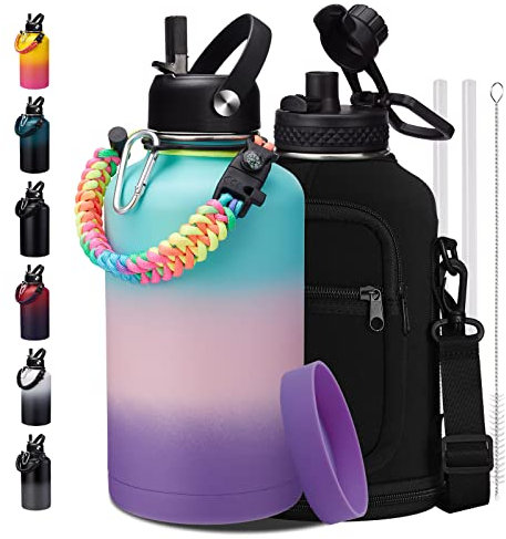Half Gallon Water Bottle Insulated - 64 oz Water Bottle with Straw Spout Lid, Strap Carrying Sleeve, Paracord Handle, Leak Proof Metal Water Flask for Workout Sport Hiking Gym, Hydro Jug Thermo Mug