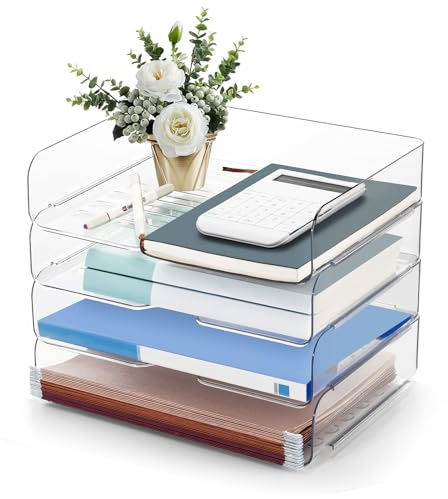 Desk Organizer and Storage,4-Tier Paper Letter Tray Organizers,Stackable Clear Desktop Organizer for Documents,Book Magazine Storage,Office Supplies, (Clear,4 Pack)