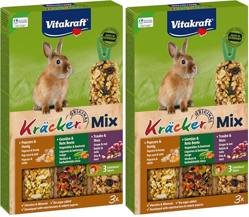 Vitakraft Kräcker - Friandise pour Lapin Nain Assortiment Popcorn et Miel-légumes et Betterave-Raisin et Noix 1x3 (Lot de 2)