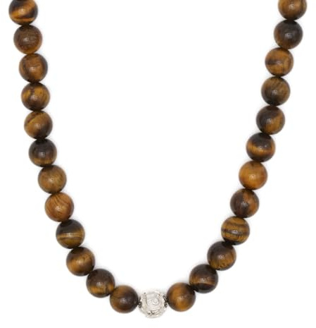 BERGERLIN Tigerauge Halskette echt - Perlenkette mit 925 Sterling Silberperle - Echte Tigerauge Kette in Größe XS-S